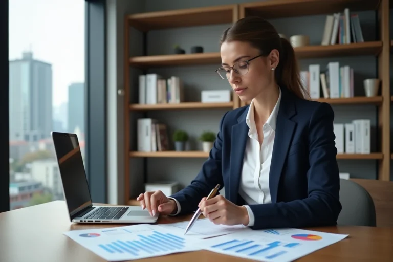 Femme professionnelle analysant des documents de stratégie business dans un bureau moderne avec vue sur la ville