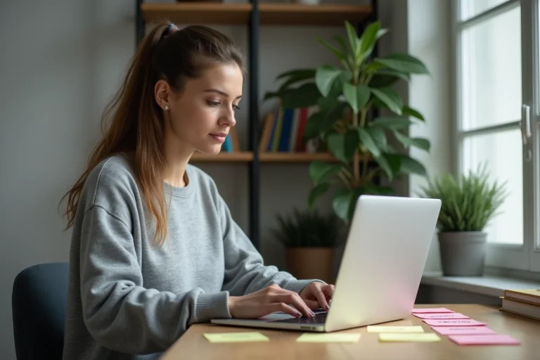 Femme consultant un site web avec plusieurs noms de domaine notés sur des post-it pour rester à jour sur les changements de nom de Sorlav