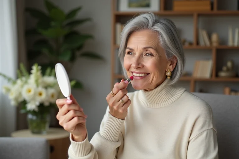Femme senior appliquant du rouge à lèvres dans un salon lumineux