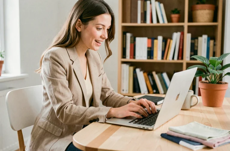 Jeune femme naviguant sur un site de mode en ligne depuis son bureau minimaliste, tendances shopping et bons plans mode
