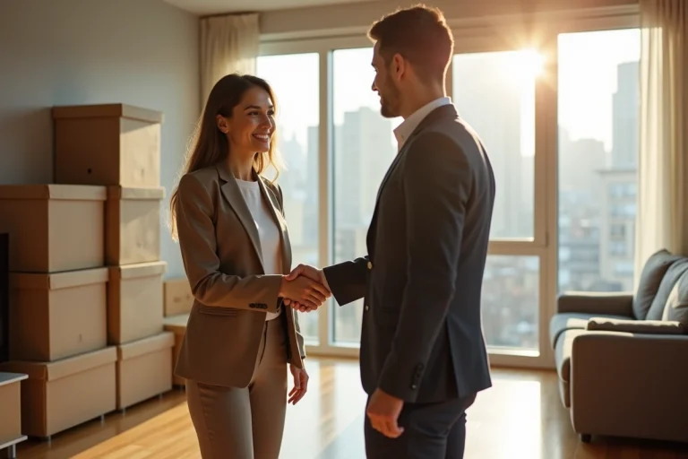 Femme souriante serrant la main d'un agent immobilier dans un salon lumineux