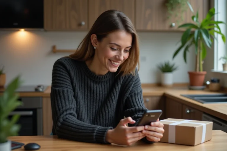 Femme souriante vérifiant une notification de colis à la maison