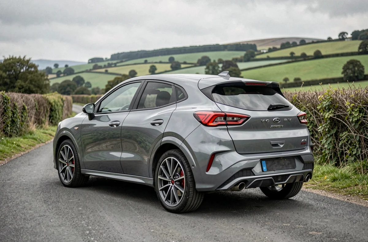 Ford Puma ST-Line gris Solar de profil et trois-quarts arrière sur une route de campagne sinueuse
