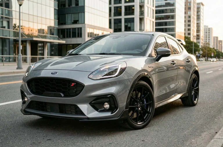 Ford Puma gris Solar ST-Line garé en ville avec vue trois-quarts avant mettant en valeur son design sportif