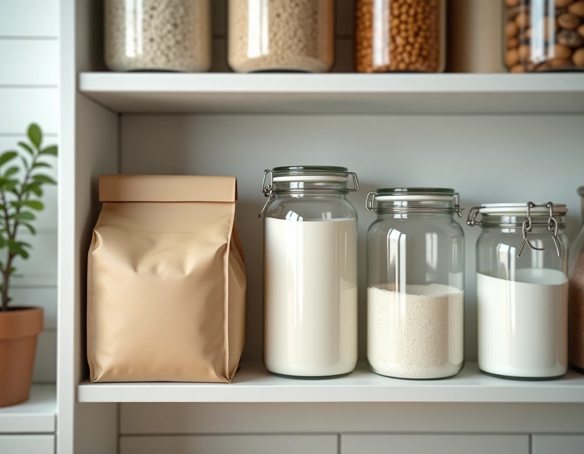Étagère de garde-manger avec des contenants de farine et d'aliments secs illustrant l'importance du stockage hermétique contre les cirons