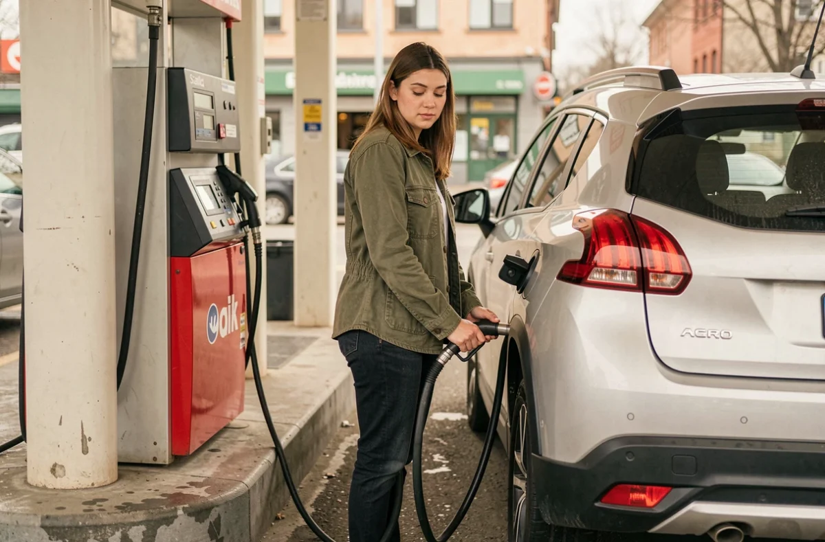 Femme gonflant les pneus de sa Peugeot 2008 à une station-service en libre-service