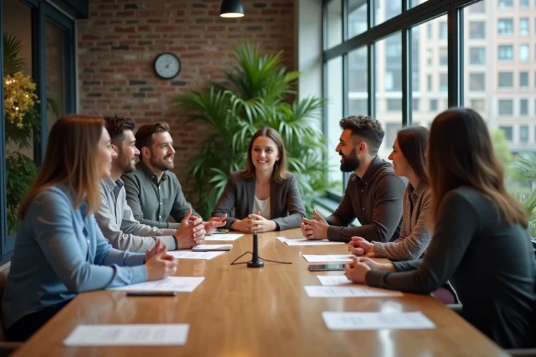 Groupe d'entrepreneurs en coworking lors d'une réunion