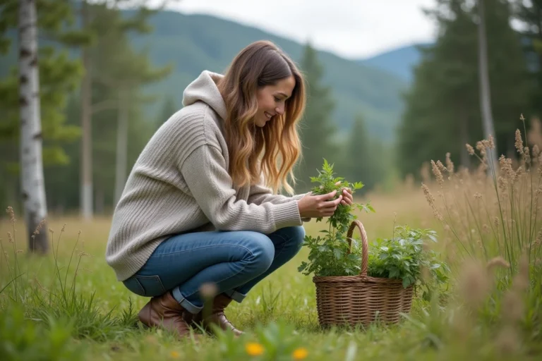 Femme récoltant des herbes sauvages dans un pré