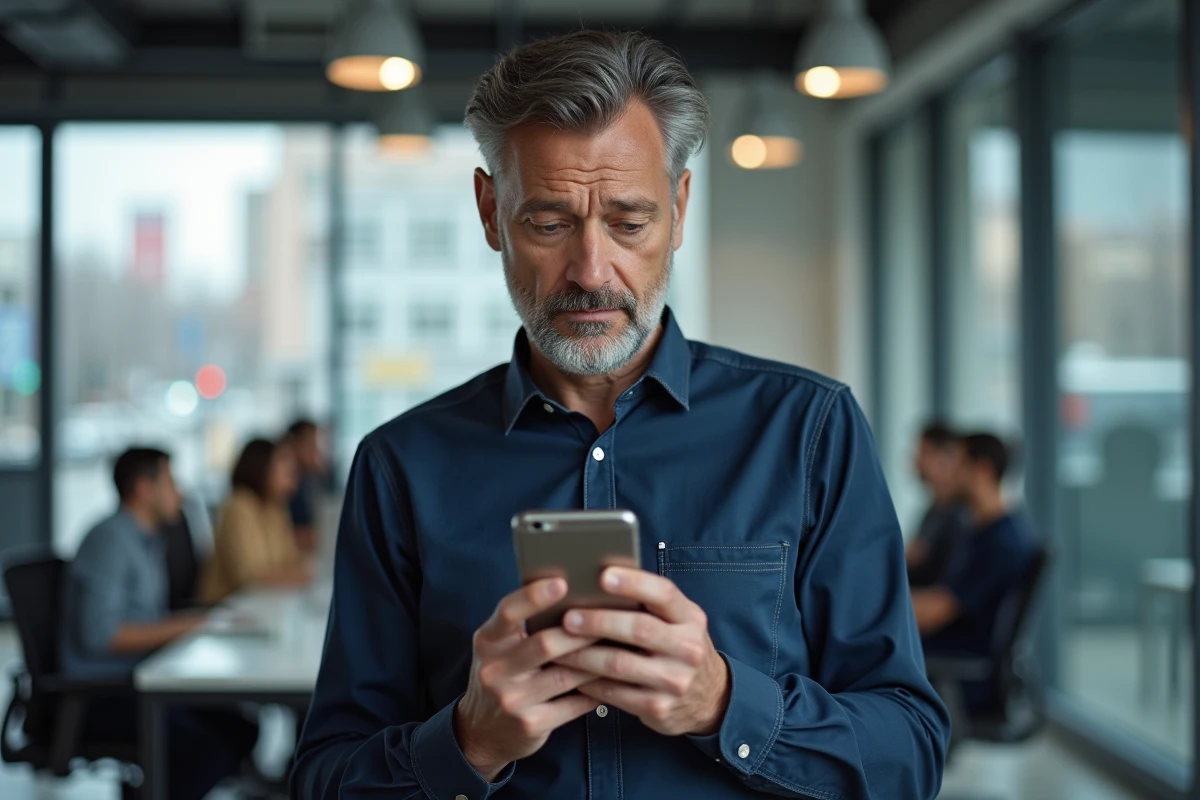 Homme vérifiant sur smartphone les dernières informations sur le changement de nom d'un site en ligne dans un bureau moderne