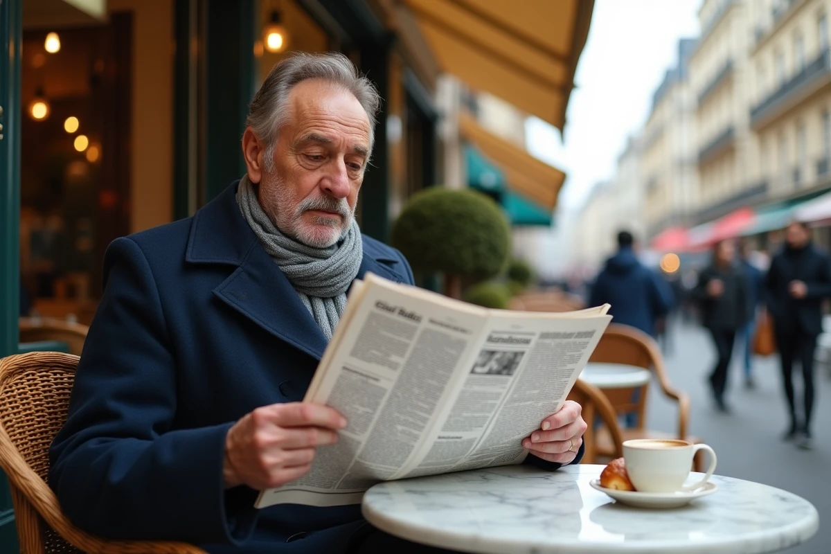 Homme d'âge mûr lisant un journal insolite en terrasse de café parisien avec architecture haussmannienne