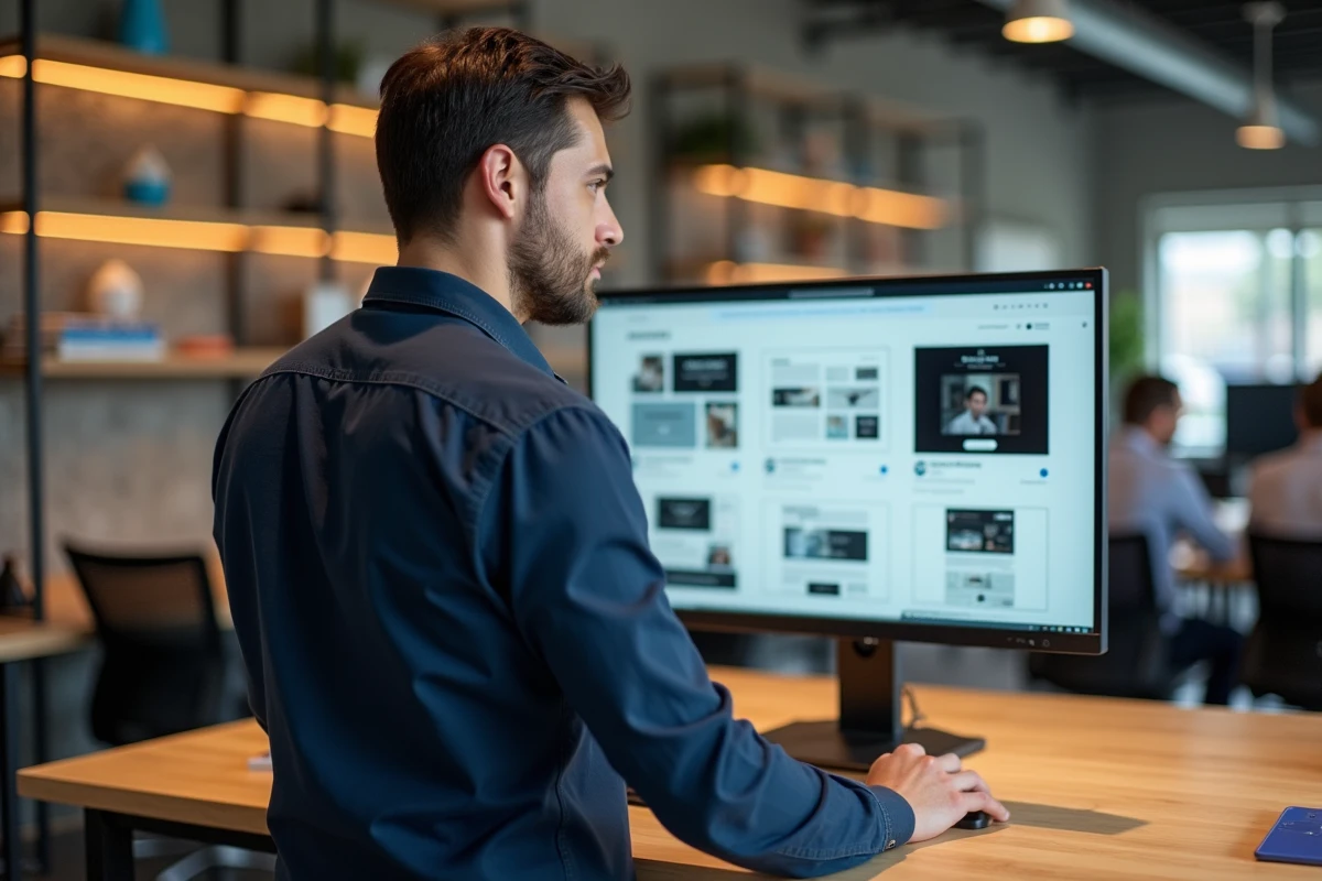 Homme consultant des modèles de site internet professionnel sur un grand écran dans un espace de coworking