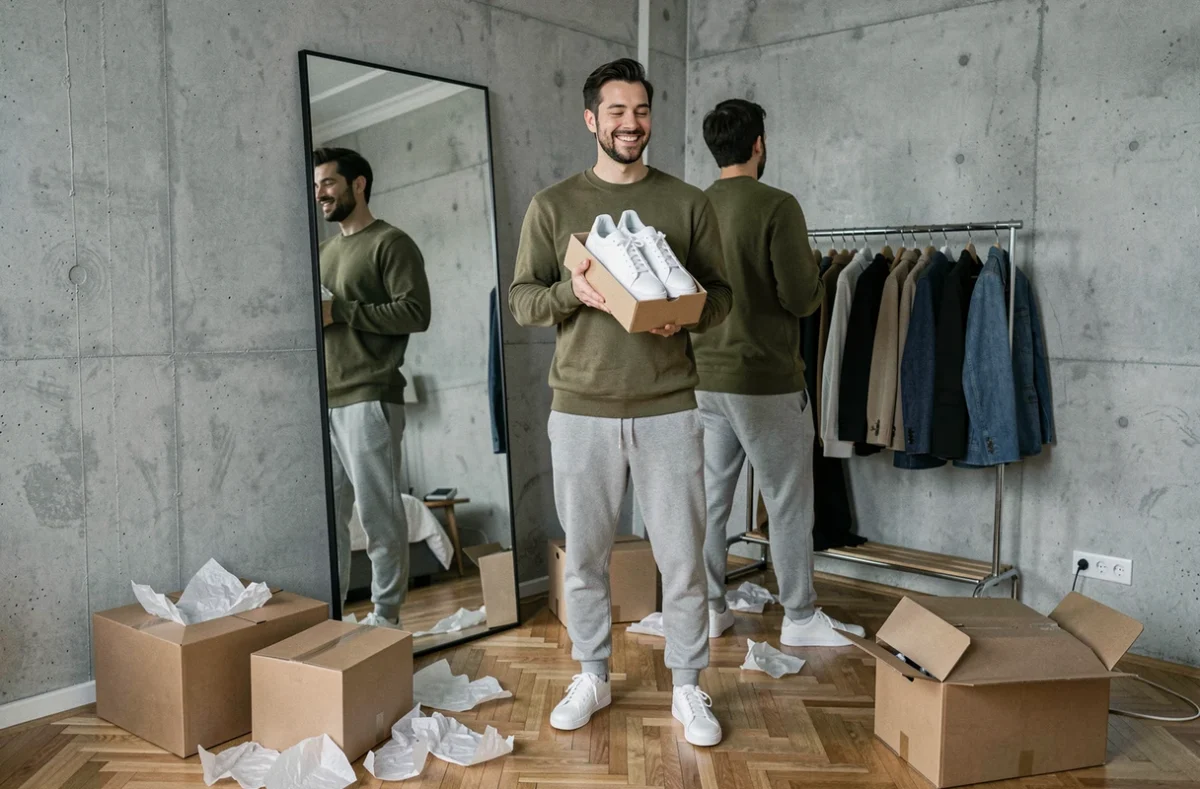 Homme découvrant ses achats mode livrés à domicile, sneakers et vêtements commandés en ligne, tendances shopping masculin
