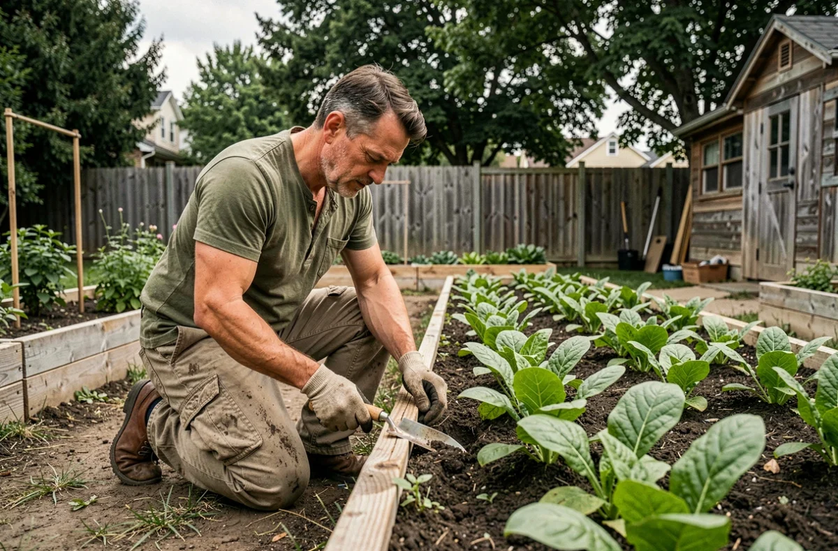 Homme qui jardine dans un potager bien entretenu en plein air, activité de loisir créatif et relaxant au quotidien dans un jardin suburban