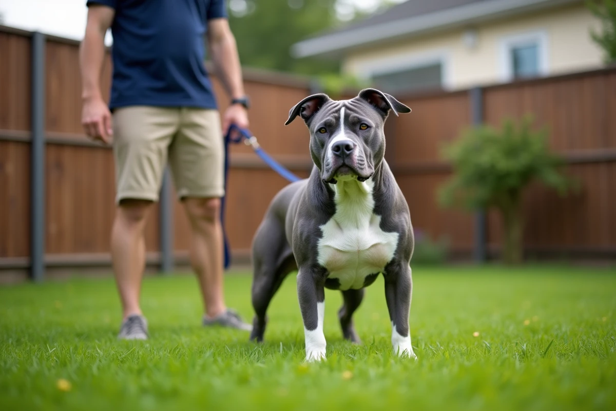 Homme tenant en laisse un Pocket American Bully bleu et blanc dans un jardin de maison individuelle