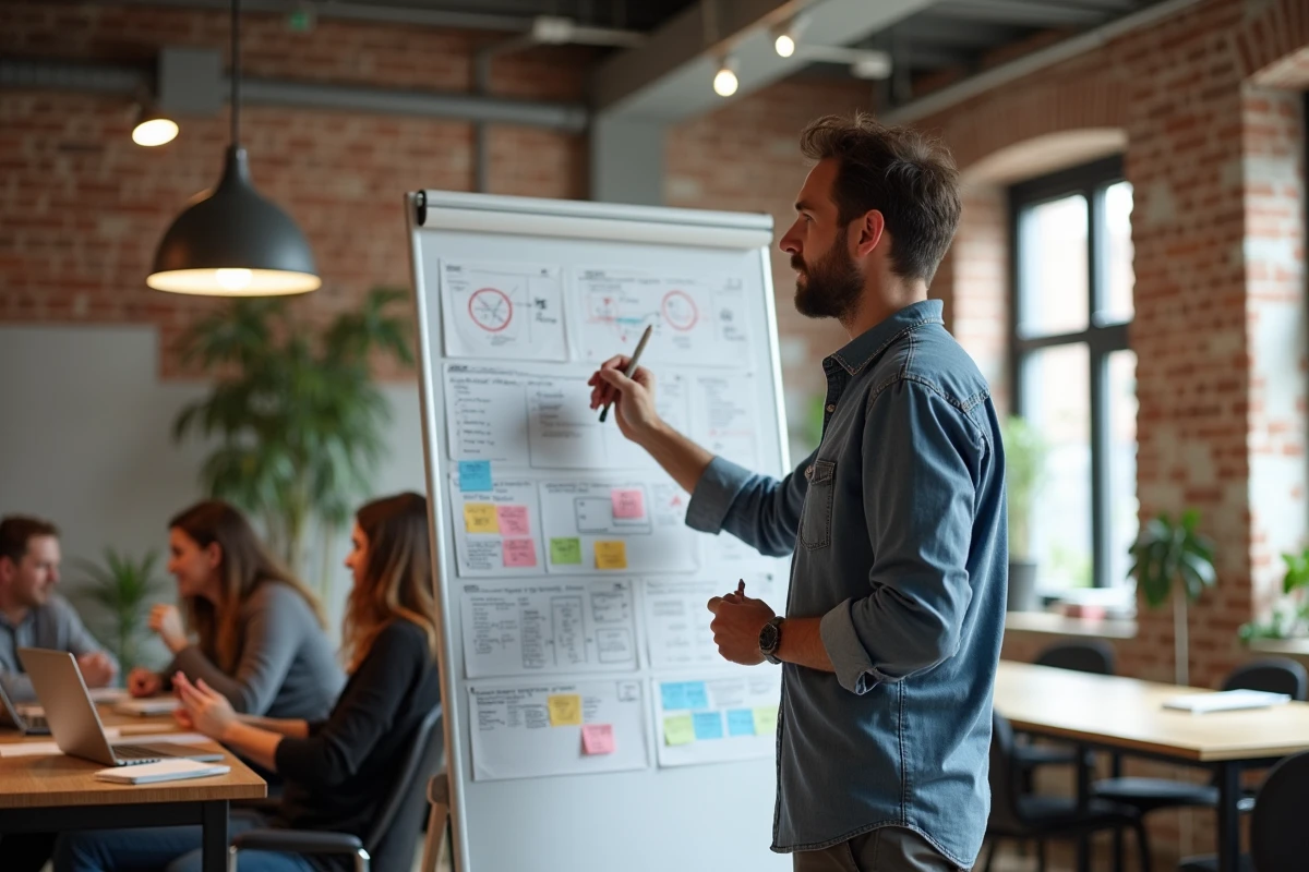 Homme présentant des ressources et stratégies business sur un tableau blanc dans un espace de coworking créatif