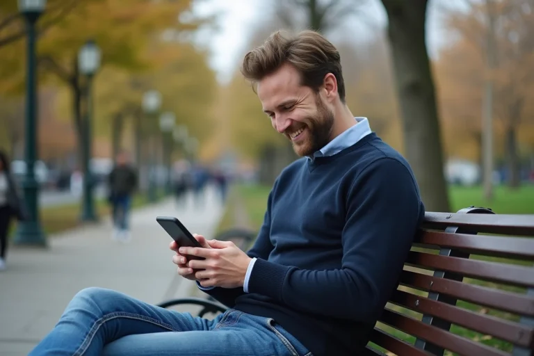 Homme détendu vérifiant son smartphone dans un parc urbain