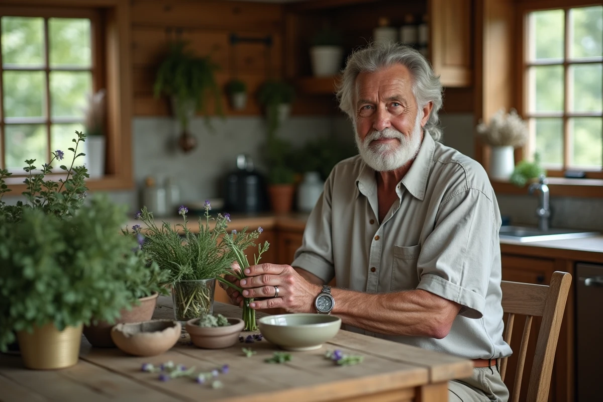 Homme âgé triant des plantes dans la cuisine