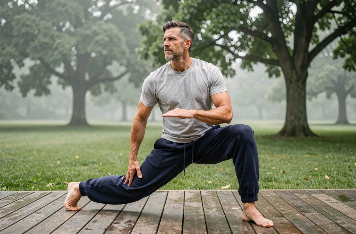 Homme faisant du yoga matinal sur une terrasse en bois entourée de verdure, symbolisant le bien-être physique et mental au quotidien