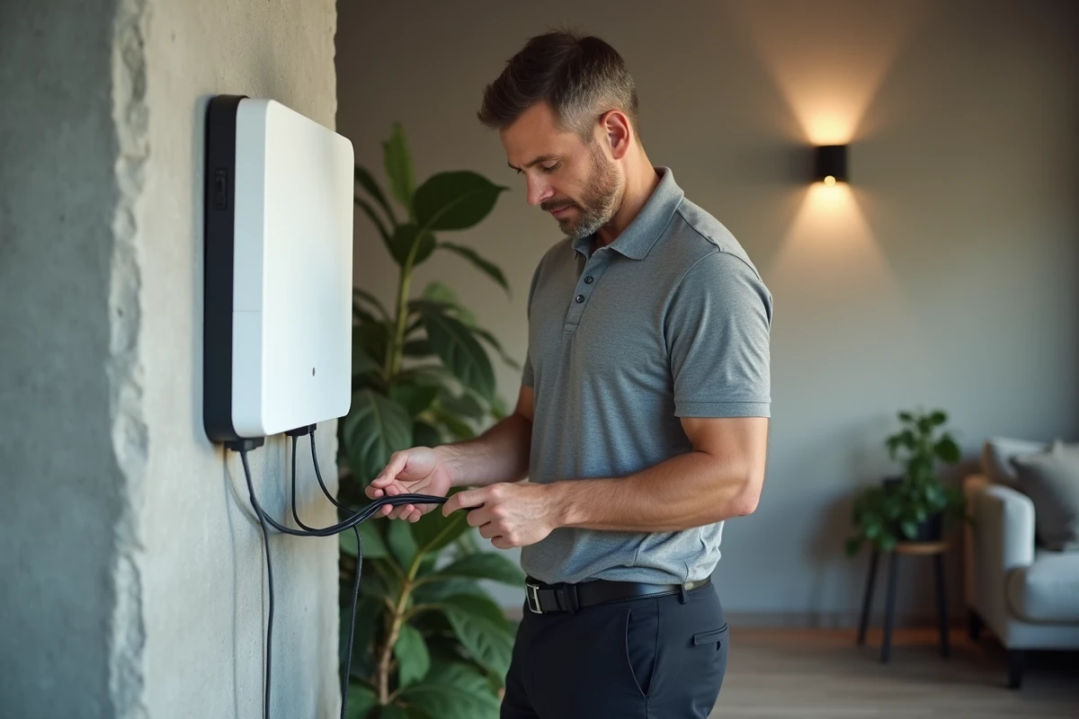 Homme connectant une batterie solaire à un système de gestion d'énergie dans un appartement moderne