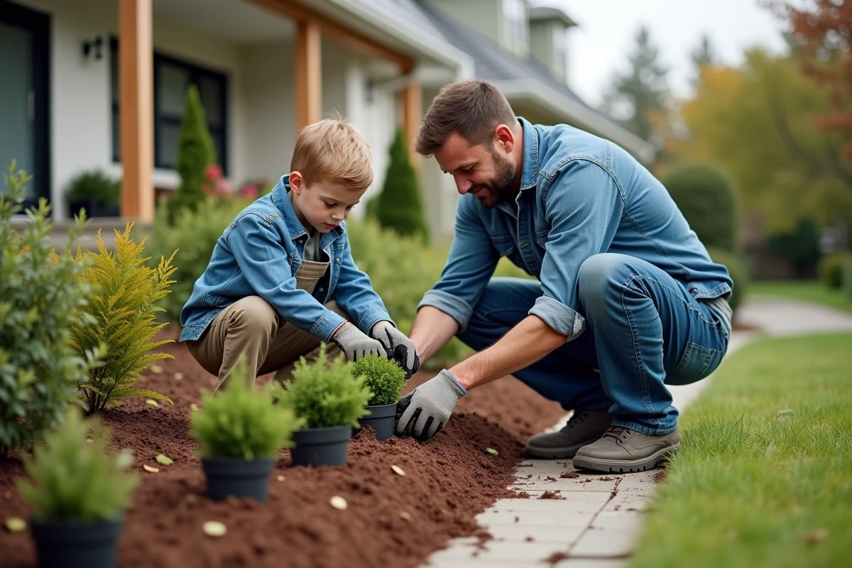 Homme et enfant plantant des arbustes dans le jardin