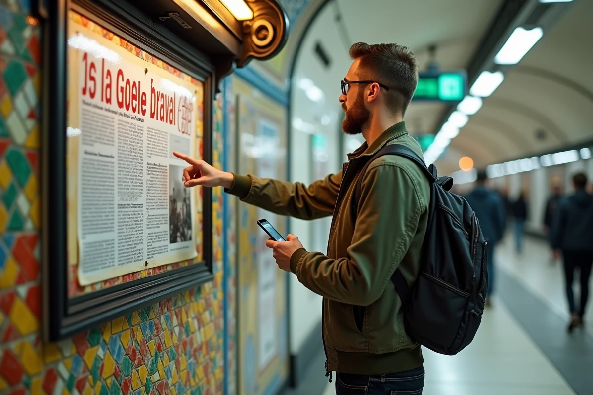 Jeune homme découvrant une actualité insolite sur une affiche dans une station de métro parisien Art Nouveau