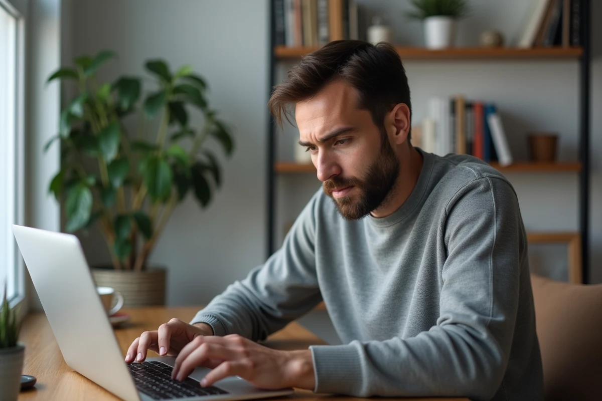 Homme lisant des avis en ligne sur un coach de formation depuis son bureau à domicile avec une expression critique et réfléchie