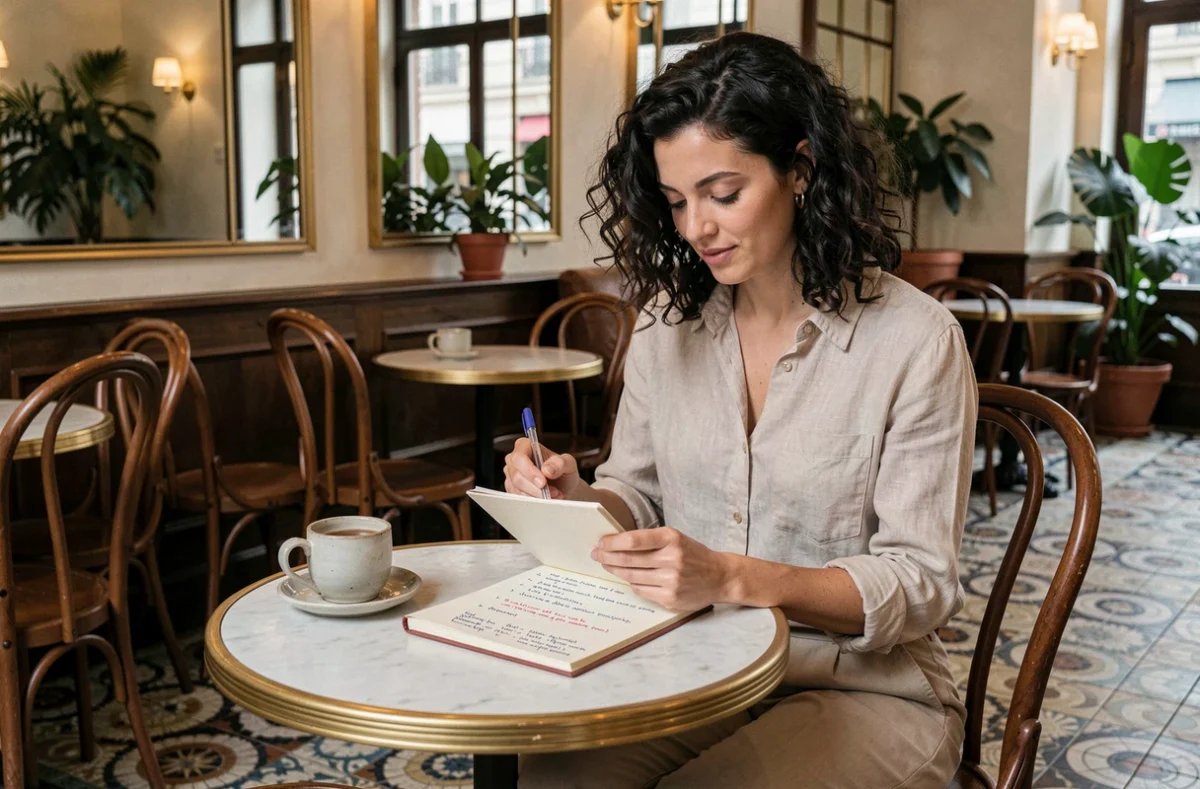 Maman parisienne prenant des notes dans une brasserie parisienne typique avec un café