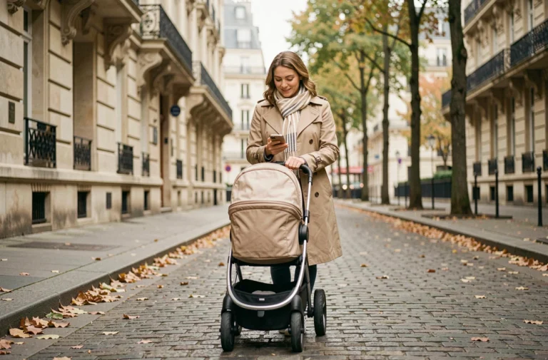 Maman parisienne élégante poussant une poussette dans un boulevard haussmannien en automne