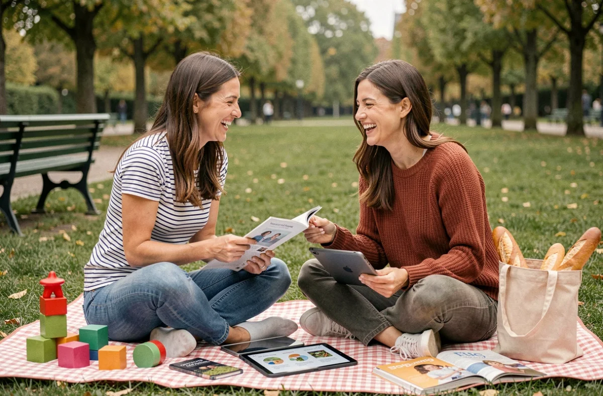 Deux mamans parisiennes partageant des astuces et un magazine dans un parc parisien ensoleillé