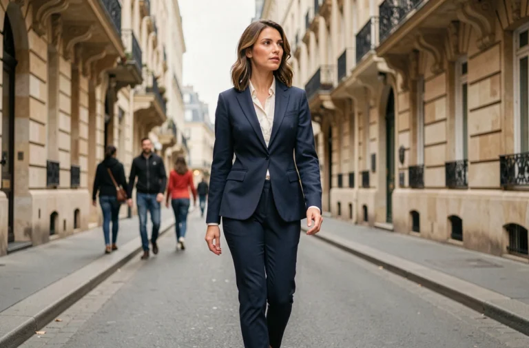 Margot Haddad marchant avec assurance dans une rue parisienne lors d'une apparition publique élégante