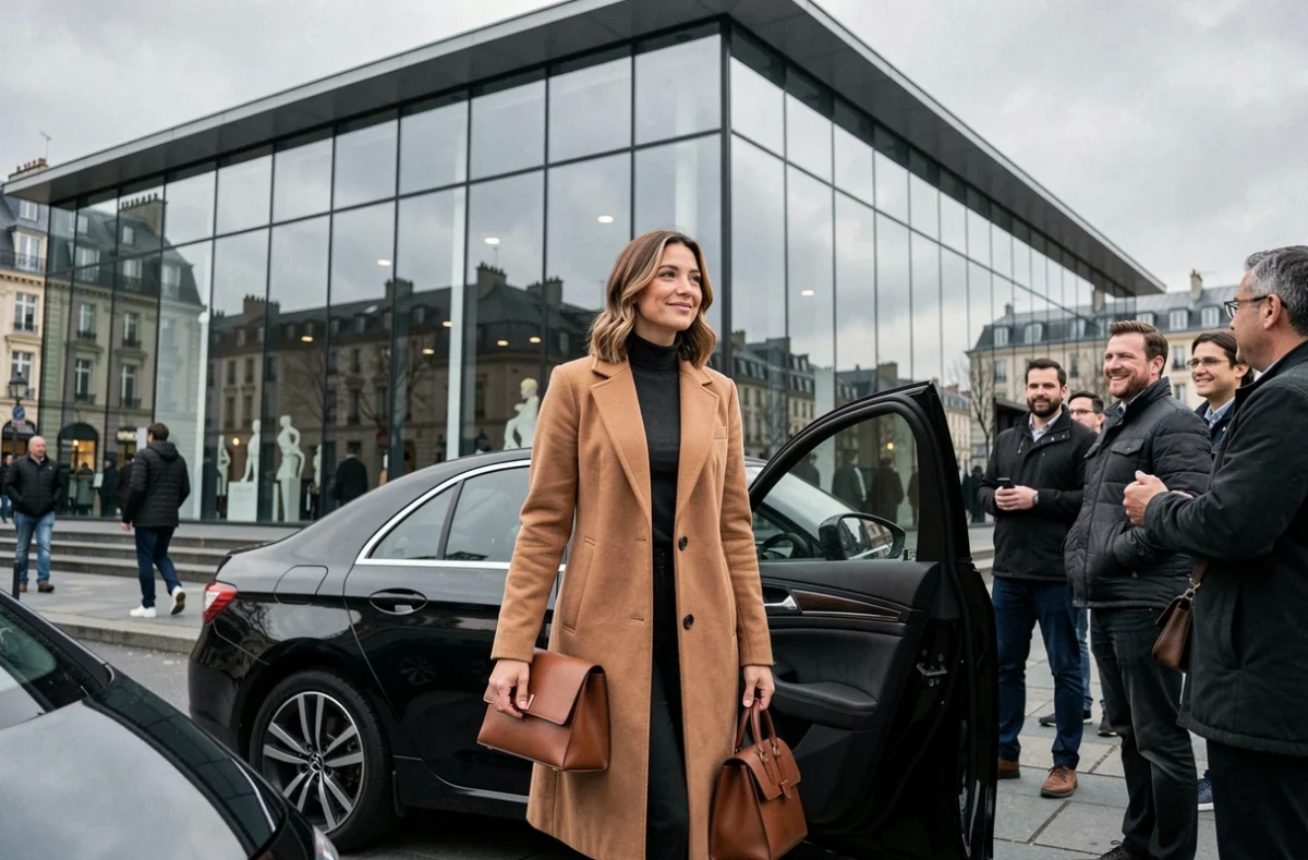 Margot Haddad à la sortie d'un véhicule devant un lieu culturel, regard et posture révélateurs lors d'une sortie publique