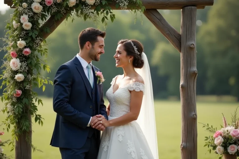 Jeune couple de mariage dans un jardin avec arche fleurie
