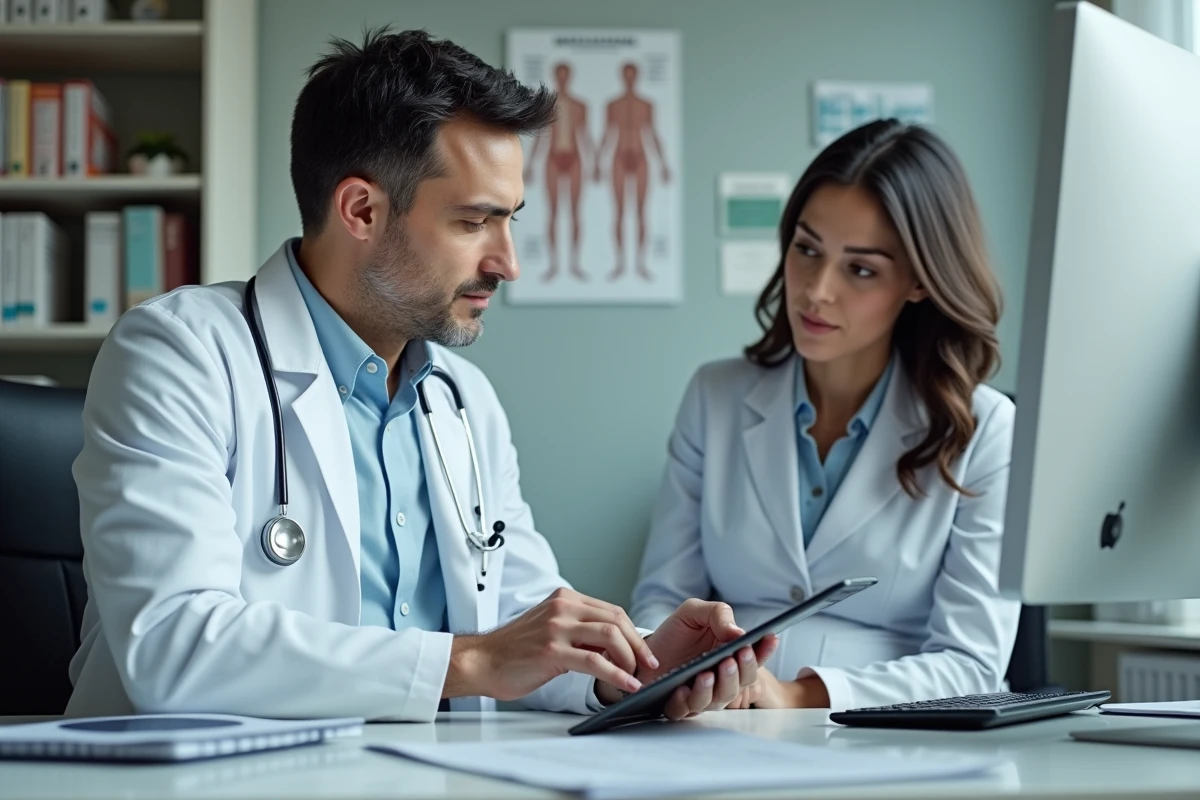 Medecin montrant une calculatrice a une femme enceinte