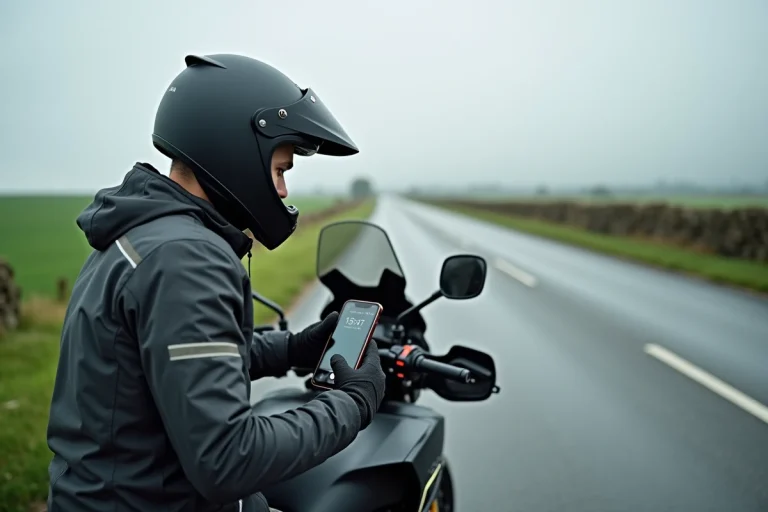 Motard consultant l'application Waze en mode moto sur son smartphone fixé au guidon, arrêté en bord de route