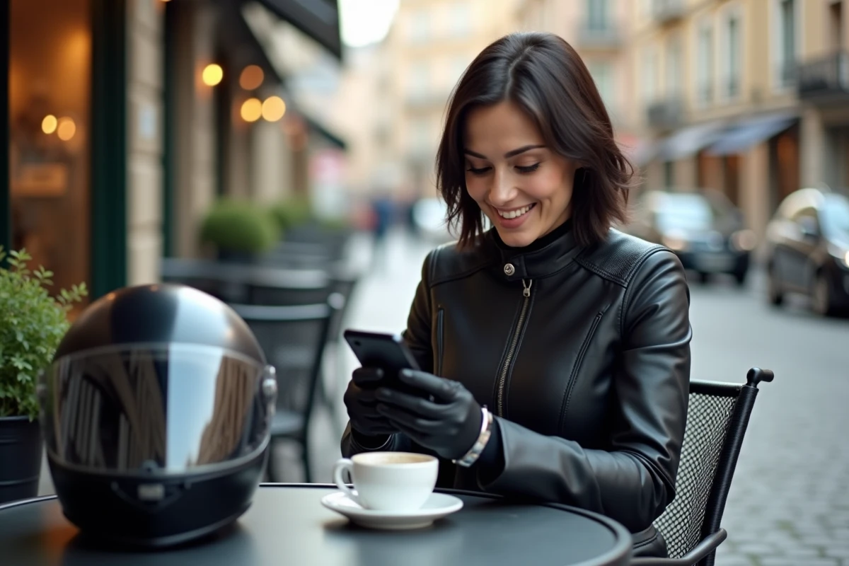 Motarde configurant le mode moto sur Waze depuis son smartphone, casque posé sur la table d'un café en ville
