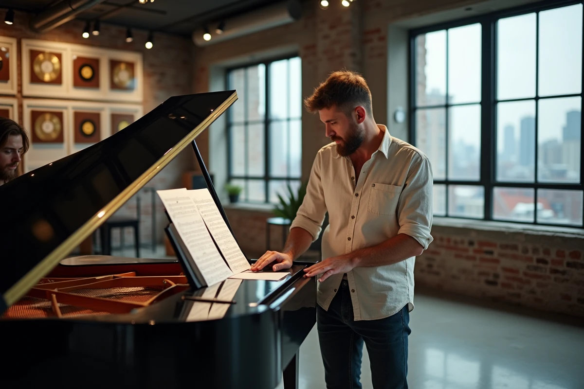 Musicien et collaborateur discutant de partitions près d'un piano à queue dans une salle de répétition moderne