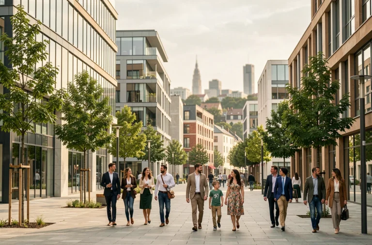Nouveau quartier urbain moderne de Néo 78 dans les Yvelines avec architecture contemporaine et boulevard piéton