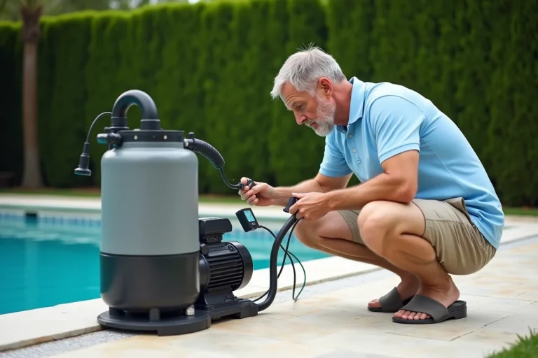 Homme vérifiant la consommation électrique d'une pompe à sable de piscine avec un moniteur d'énergie numérique