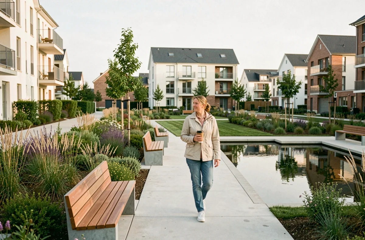 Parc public contemporain du quartier Néo 78 dans les Yvelines avec espaces verts et cheminements piétons modernes