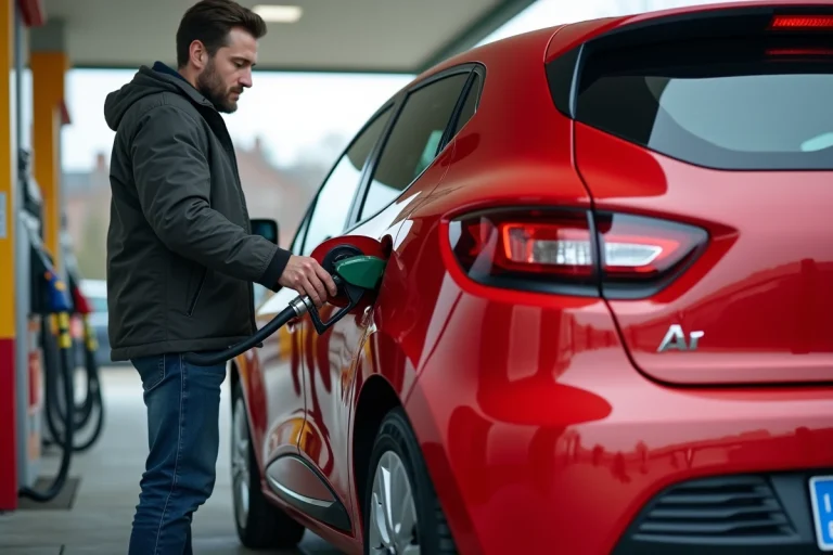 Homme faisant le plein d'une Renault Clio 3 rouge dans une station-service française