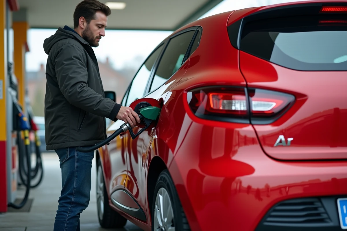 Homme faisant le plein d'une Renault Clio 3 rouge dans une station-service française