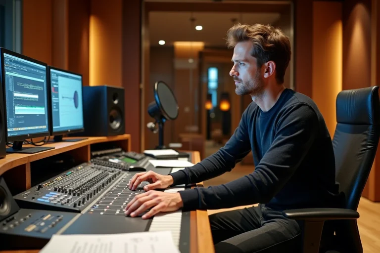 Producteur de musique concentré devant une console de mixage professionnelle dans un studio d'enregistrement haut de gamme