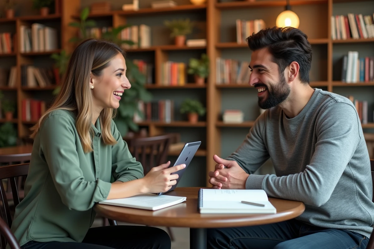 Deux professionnels échangeant sur des ressources pour booster leur carrière autour d'un café dans une librairie