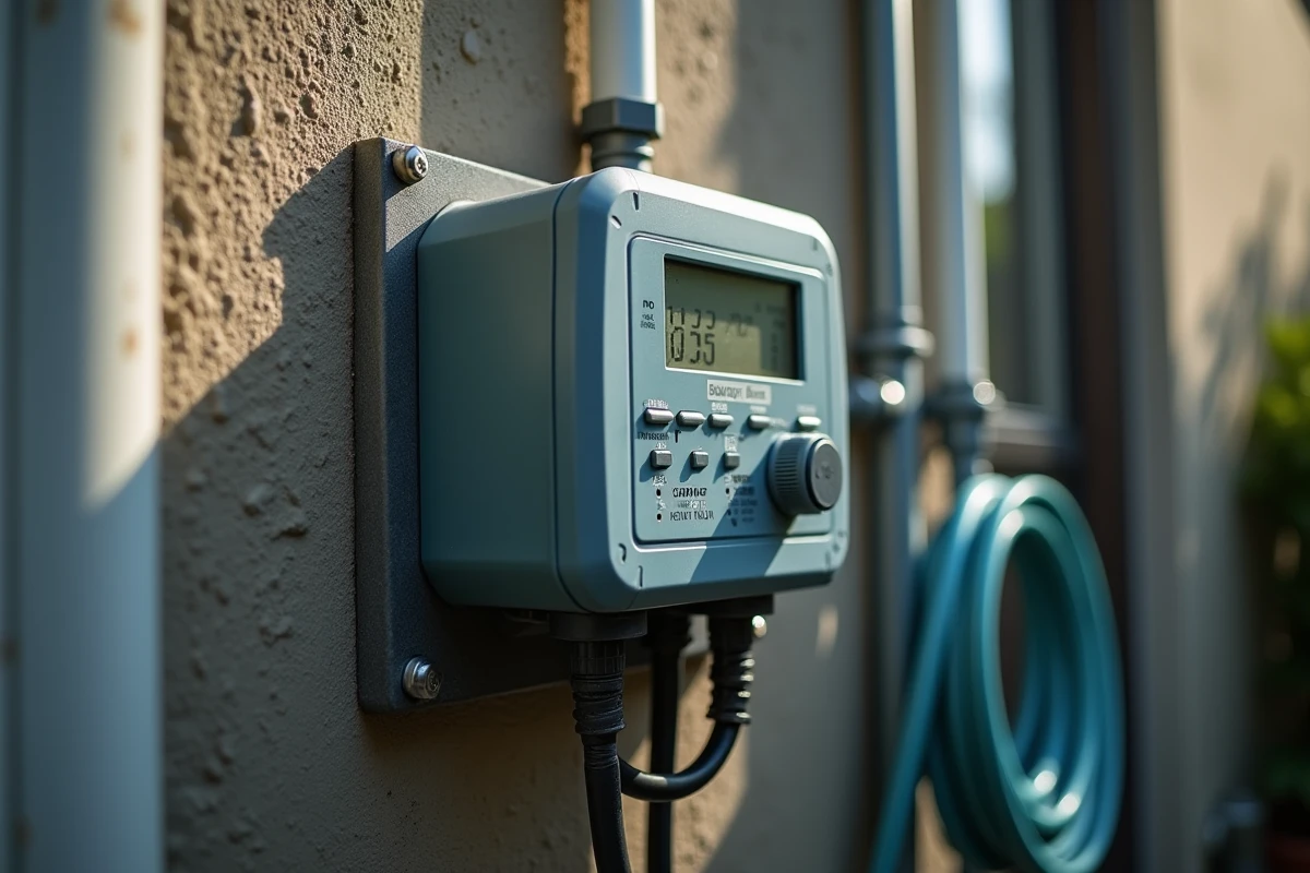 Programmateur horaire et afficheur de consommation électrique sur une pompe à sable de piscine extérieure
