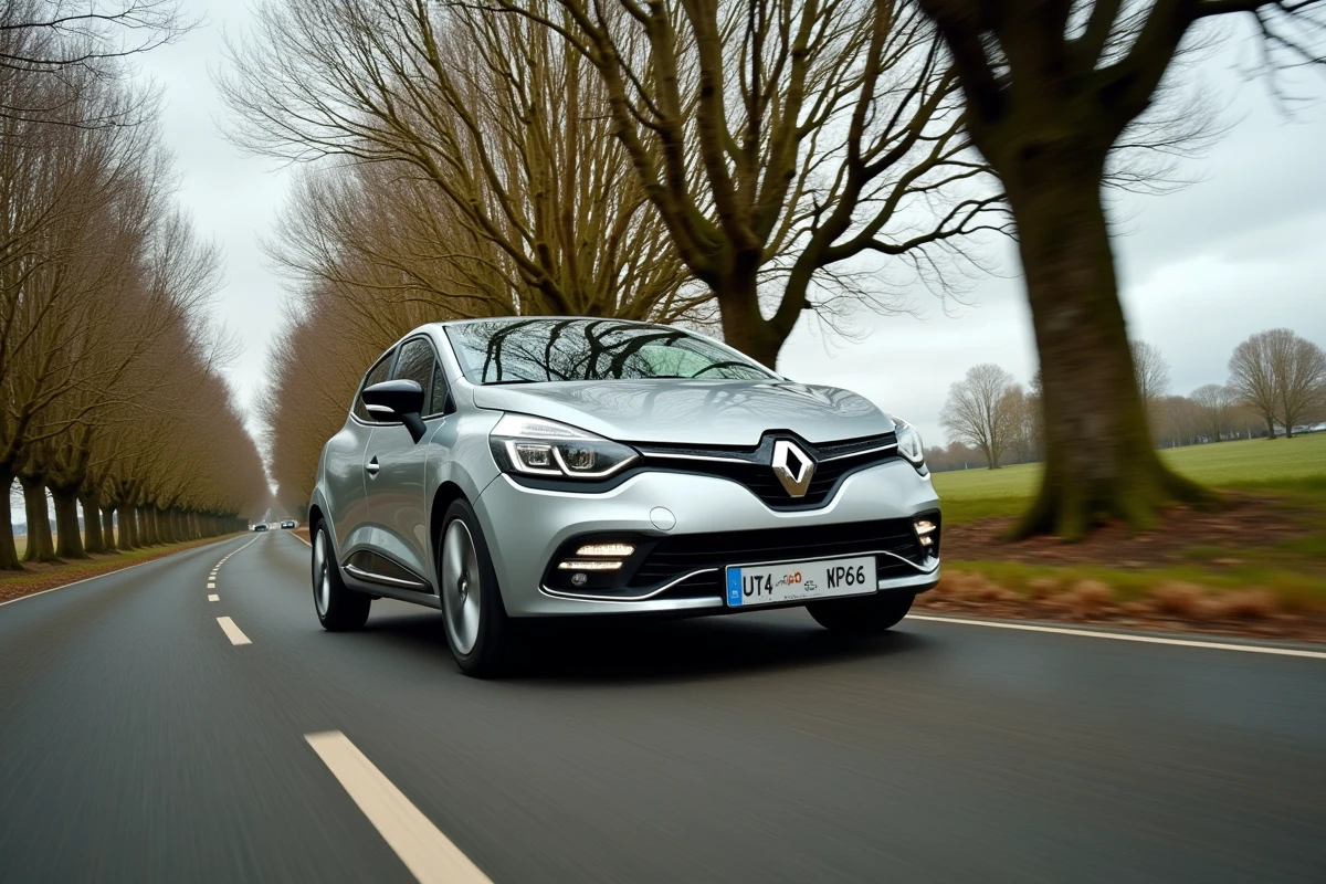 Renault Clio 3 argentée roulant sur une route de campagne française en plein trajet