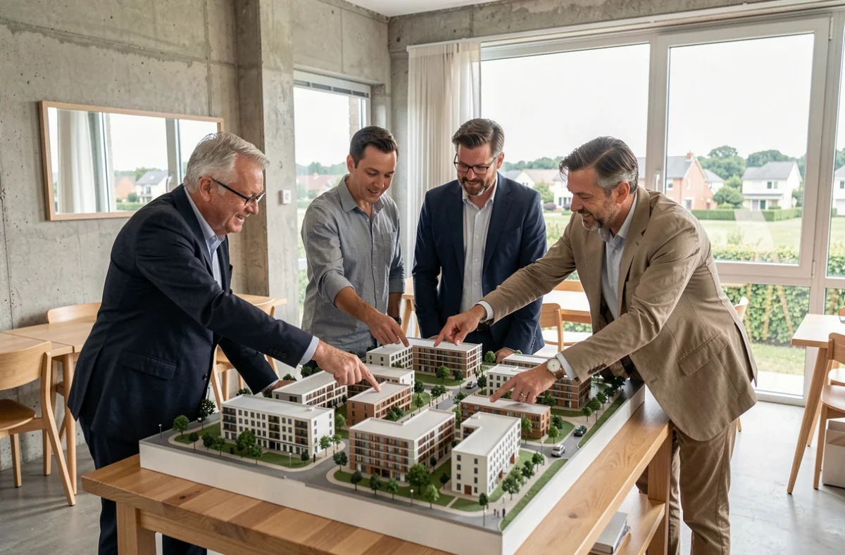 Professionnels étudiant une maquette architecturale du projet Néo 78 dans les Yvelines lors d'une réunion de planification urbaine
