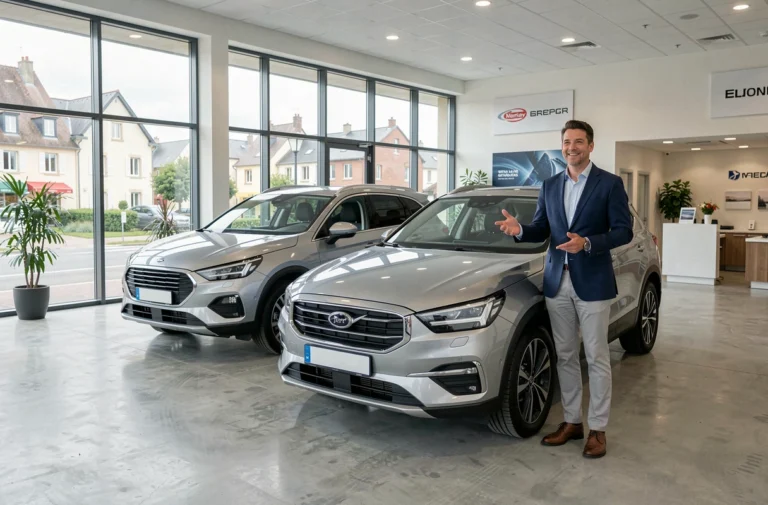 Conseiller commercial dans un showroom automobile moderne de Rognac avec des véhicules neufs exposés
