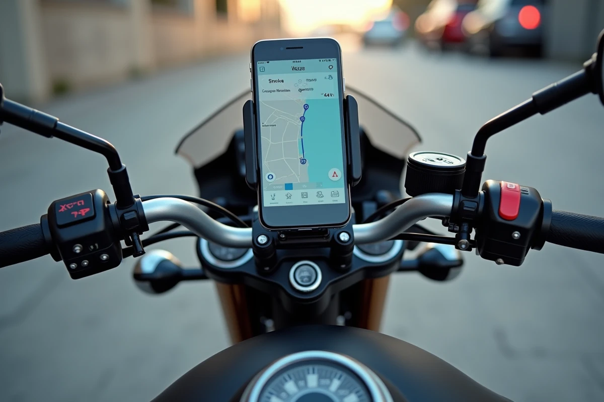 Gros plan sur un smartphone affichant Waze en mode moto, fixé sur le guidon d'une moto avec un support RAM mount
