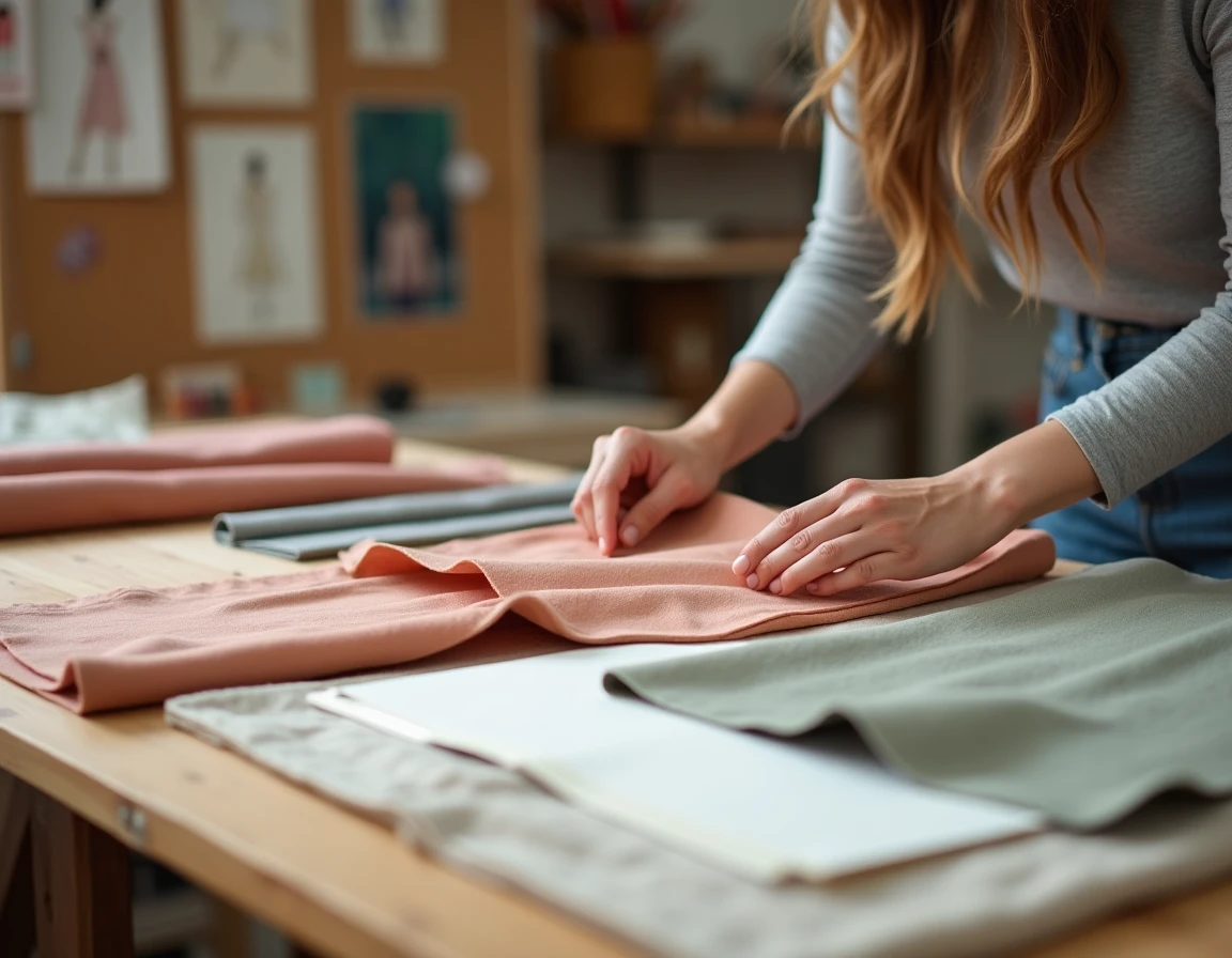 Table de travail d'un studio de création textile avec des échantillons de tissus et des croquis de mode, représentant le processus de conception des vêtements Camaïeu