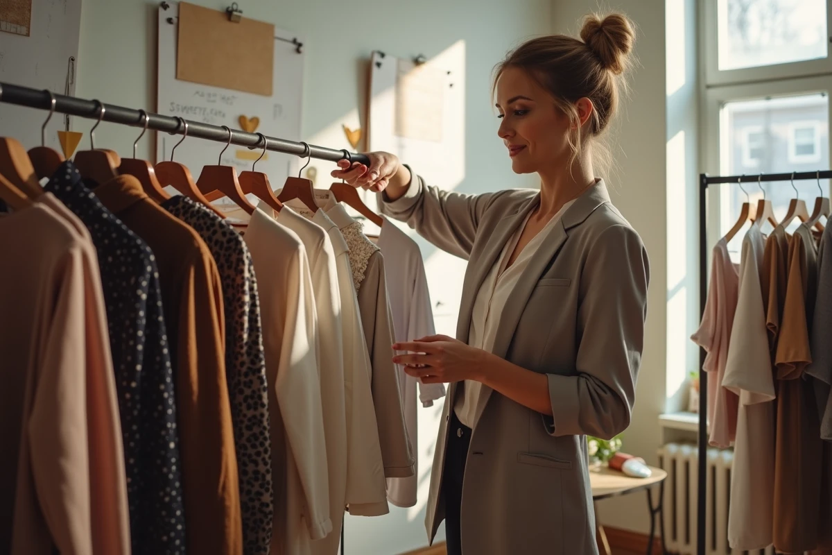 Styliste en atelier organisant des tenues pour une émission